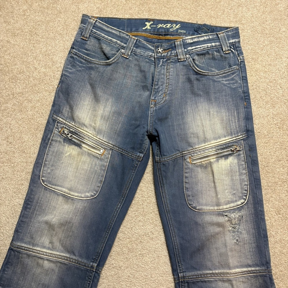 Vtg XRAY Jeans Mens 33x32 Blue Denim Cargo Utility Zip Pockets Y2K Grunge Baggy